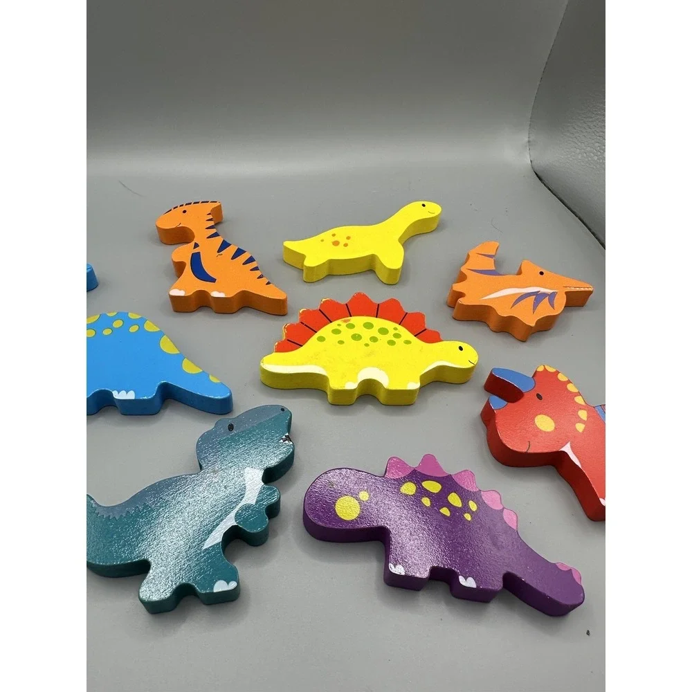 Wooden Arts Raised Chunky Dinosaurs Preschool 8 Pieces Wood TRAY Puzzle Colorful